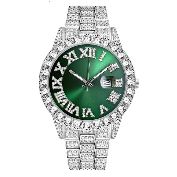 Emerald Numeral Dial Diamond Simulant Watch - Silver